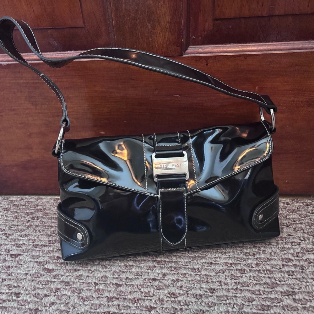 Nine West Black Patent Shoulder Bag with Buckle Accent